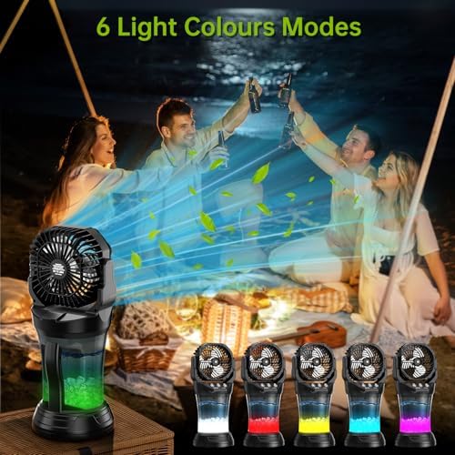 30000 mAh Portable Misting Fan with RGB Ambient Light, 2000 mL Water Tank Bucket Rechargeable Camping Mist Fan with 120° Auto Oscillating Perfect for Patios Fishing Travel Garden Party Golf Tent