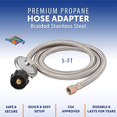 Flame King 5-FT Universal QCC1 Low-Pressure Propane Regulator with Stainless Steel Braided Hose for Most LP Gas Grills, Heaters, and Fire Pit Tables, 3/8" Female Flare Nut