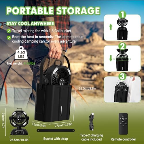 Portable Misting Fan for Outdoor Patio, 20000mAh Rechargeable Battery Operated Camping Mist Fan with 1.6 Gal Water Bucket, Strong Winds Cooling Mister for Outside Sports/Travel/Party/Golf/Tent, Black