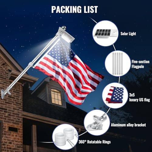 Flag Pole Kit with Solar Light and American Flag, 5 Ft Aluminum Silver No Tangle Spinning Pole, 2-Position Bracket, Easy Install-Outdoor, Commercial Use, 8 Hour Dusk to Dawn Auto On/Off