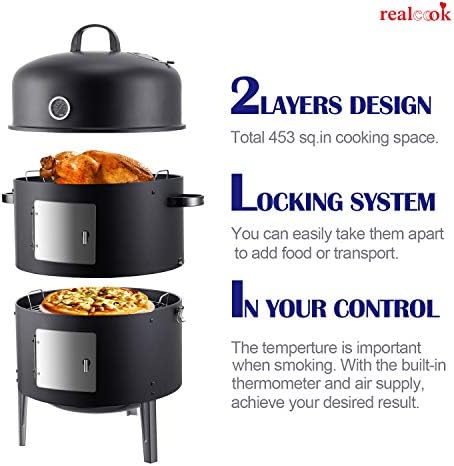 Realcook Vertical 17 Inch Steel Charcoal Smoker, Heavy Duty Round BBQ Grill for Outdoor Cooking, Black