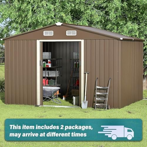 Gotland 10FT x 8FT Metal Storage Shed, Outdoor Storage Shed with Lockable Slide Doors & 2 Windows, Utility and Tool Shed with Slooping Roof for Garden, Backyard, Patio, Lawn