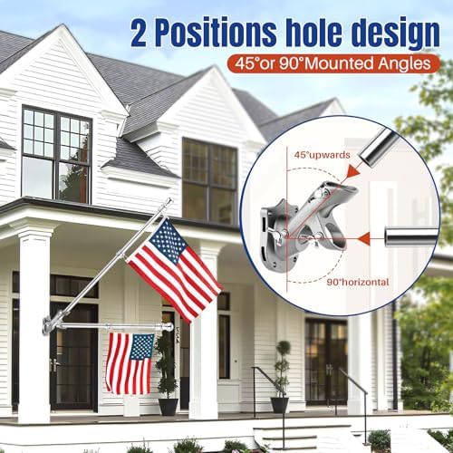 Stainless Steel Flag Pole Kit, 6Ft Thickened Flagpole Wall Flag Holder with Non Tangle Flagpole Spinners for Outside House,Two-Position Residential Wall Mount Flag Poles Accessories,Flag Stick(Silver)