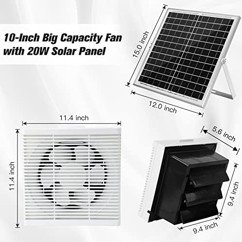 Solar Powered Exhaust Fan, 20W Solar Panel +10" Shutter Ventilation Vent Fan for Outside Greenhouse, Chicken Coop, Shed, Pet House
