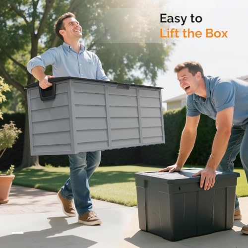 VINGLI 75 Gallon Outdoor Storage Box, Lockable Plastic Storage Containers with Lid, Patio Deck Box Furniture for Garden, Pool, Balcony, Yard (Grey)