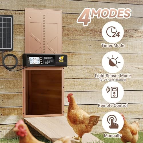 FAKI Automatic Chicken Coop Door Solar Powered with Timer Light Sensor, 2000mAh Battery and 4 Modes, Anti-Pin Brown.