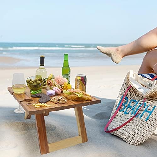 Portable Wine Picnic Table, Acacia Wood, Larger Tray Foldable, Charcuterie Board, Wine Gift, Decoration for Romantic Camping, Engagement Party, Concerts at Park, Glamping, Wood Color
