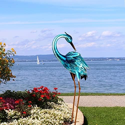 chisheen Crane Garden Statues, Metal Garden Crane Outdoor, Blue Heron Sculpture Metal Yard Art, Large Heron Decoy, Bird Statues, Lawn Ornaments for Backyard Pond Patio Porch Outside Decorations