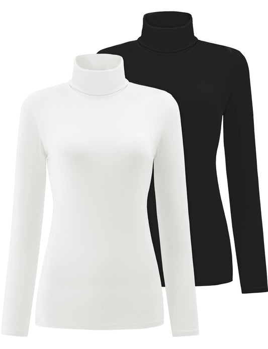 Women's 2 Pack Long Sleeve Turtleneck Thermal T-Shirts Mock Neck Underwear Fall Winter Base Layer Lightweight Tops
