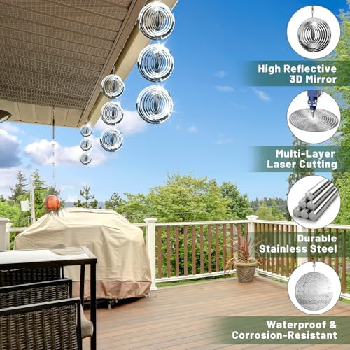 Bird Deterren for Outside Patio, High Reflective Round Bird Scare Devices Wind Spinners Outdoor Decor, 3D Mirror Bird Reflectors to Keep Swallows Sparrow Away Garden Porch Pool Windows
