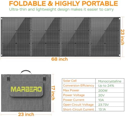 MARBERO 200W Portable Solar Panel for Power Station & DC Devices 200 Watt Foldable Solar Charger >23% High Efficiency IP68 Waterproof Compatible with Solar Generator for Camping RV Outdoor Cloudy