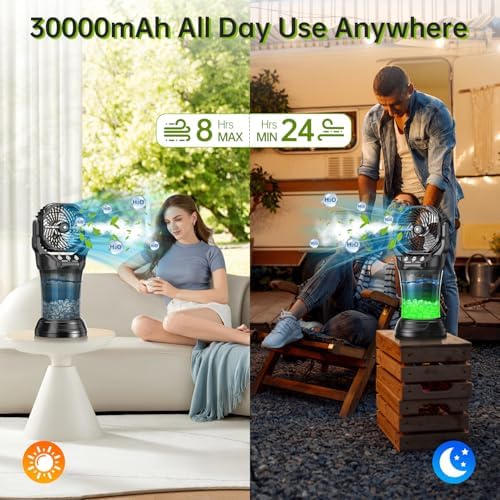 30000 mAh Portable Misting Fan with RGB Ambient Light, 2000 mL Water Tank Bucket Rechargeable Camping Mist Fan with 120° Auto Oscillating Perfect for Patios Fishing Travel Garden Party Golf Tent