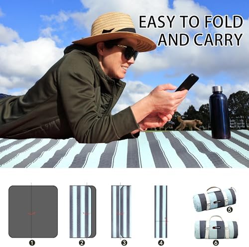 HX&OD Extra Large Picnic Outdoor Blanket, 80”x80” Waterproof Picnic Mat Foldable Camping Blanket Portable with Carry Strap for Beach Mat Outdoor Camping Party(Grey&Green)