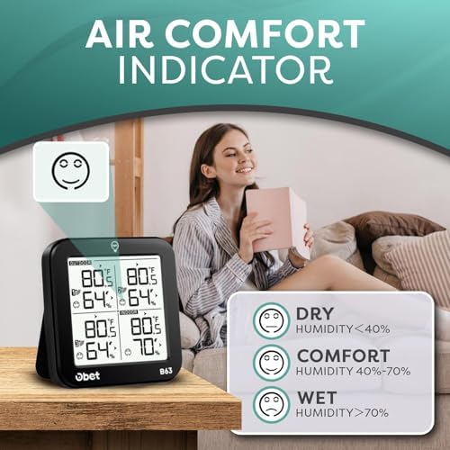 OBET Indoor Outdoor Thermometer Wireless with 3 Sensors Weather Station Temperature Humidity Monitor 500ft Range and Adjustable Backlight and Min Max Data Black