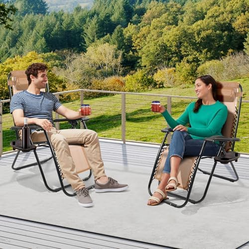 Zero Gravity Chair with Cup Holder & Removable Pillow, Adjustable Reclining Outdoor Patio Folding Chairs for Adults Portable Lounge Chair Furniture for Poolside, Lawn, Beach, Camping, Beige