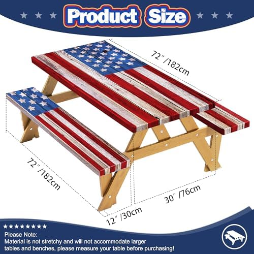 Picnic Table Cover with Bench Covers American Flag Waterproof Windproof Fitted Outdoor Tablecloth with Elastic Rectangle Table Cloth Camping Accessories,72x30 Inch