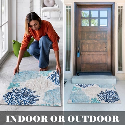 Blue Beach Door Mat - Beach Coastal Outdoor Welcome Mat, Nautical Door Mat, Beach House Decor, Coastal Ocean Bathroom Decor, Coastal Outdoor Decor, 17x30 Inch