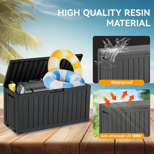 KAMABOKO Deck Box, 72 Gallon Resin Indoor and Outdoor Storage Boxes Waterproof for Garden Tools, Pool Accessories Storage Bench, Patio Furniture and Cushions with Lockable Lid, Black