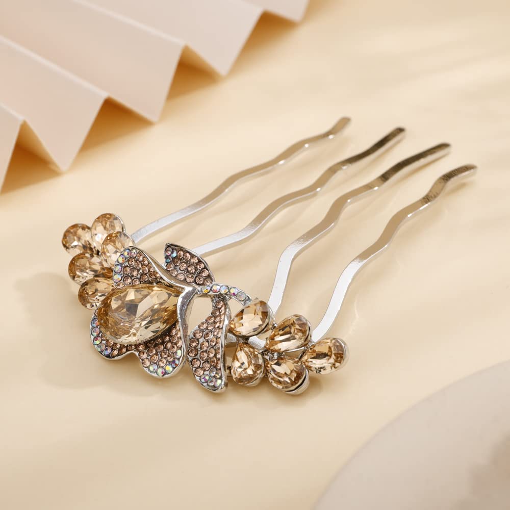 Aimimier Dainty Crystal Flower Hair Comb Sparkly Rhinestone Inlaid Hair Side Combs Long Teeth Hair Accessories for Women and Girls(Champagne)