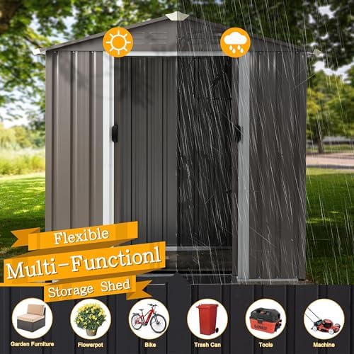 Shintenchi 6x4 FT Outdoor Storage Shed with Window, Lockable Outdoor Waterproof Tool Storage Sheds, Weather Resistant Tool Storage House Shed for Garden, Backyard, Patio Utility and Tool Storage, Gray