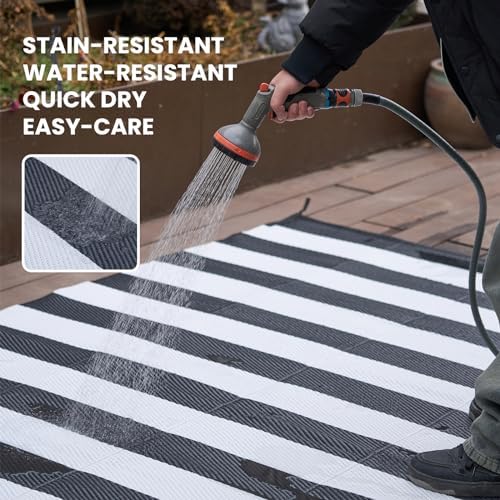 STRICKLANDHOME Outdoor Rug Waterproof 5 x 8 ft, Reversible Plastic Straw Rug for Patio, Large Outdoor Carpet for RV, Patio, Camping, Backyard, Deck, Picnic, Beach, Black & White