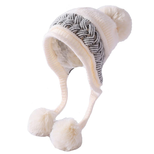 Tangjun Womens Winter Warm Beanie Knit Fur Lining Ear Flaps Cozy Cap Pompom Hat (White)