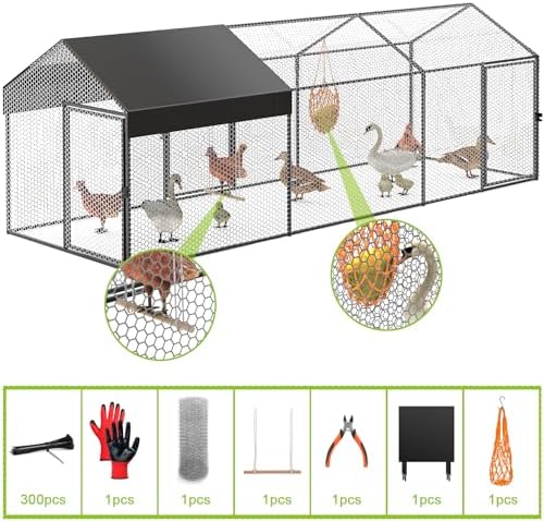 Metal Chicken Coop Run for 8-12 Chickens 118"×40"×40" Large Chicken Run for Yard with Cover,Portable Poultry Cage Hen House Outdoor Chicken Pens with Chicken Swing