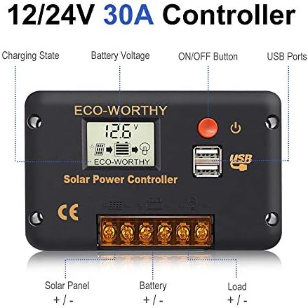 ECO-WORTHY 30A Solar Charger Controller Solar Panel Battery Intelligent Regulator with Dual USB Port Auto 12/24V PWM Positive Ground for Lithium,Lead-Acid,Gel Battery