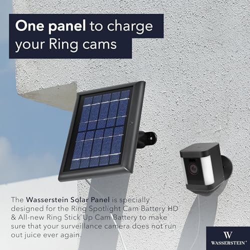 Wasserstein Solar Panel Compatible with Ring Spotlight Cam Plus/Pro/Battery, and Ring Stick Up Cam Battery - Includes Barrel Plug with USB C Adapter - 2W 5V Charging (1 Pack, Black)