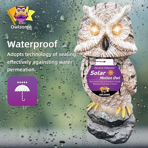 Owlsome Solar Tiger Owl with Flashing Eyes, Rotating Head, Hoot Sound, Motion Detector and Silent Mode, Plastic Owl Garden Sculpture, Garden Decoration