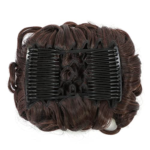 SWACC Short Messy Curly Dish Hair Bun Extension Easy Stretch hair Combs Clip in Ponytail Extension Scrunchie Chignon Tray Ponytail Hairpieces (Darkest Brown & Dark Auburn Mixed-2/33)