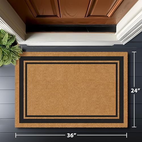 Barnyard Designs Natural Coco Coir Heavy Duty Backing Doormat - Large Cute Non-Slip Front Door Welcome Mat for Outside Entrance or Porch Entry, Brown (24x36, Border)