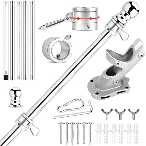 Stainless Steel Flag Pole Kit, 6Ft Thickened Flagpole Wall Flag Holder with Non Tangle Flagpole Spinners for Outside House,Two-Position Residential Wall Mount Flag Poles Accessories,Flag Stick(Silver)