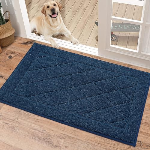 BEQHAUSE Dirt Trapper Door Mat 20" x 32", Doormat Non-Slip Entryway Rugs Washable, Dog Door Mat Stain Resistant and Absorbent Welcome Floor Mat for Front Back Door, Muddy Wet Shoes & Paws, Navy Blue