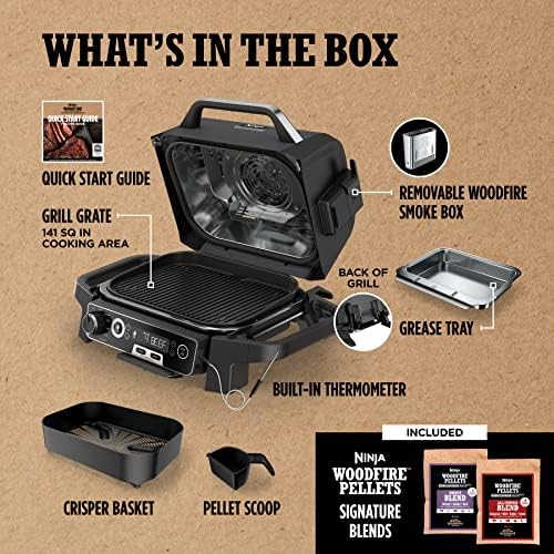 Ninja OG751 Woodfire Pro Outdoor Grill Built-In Thermometer,7-in-1 Master Grill,BBQ Smoker,& Outdoor Air Fryer Plus Bake,Roast,Dehydrate & Broil,Woodfire Technology,Weather-Resistant,Grey XL