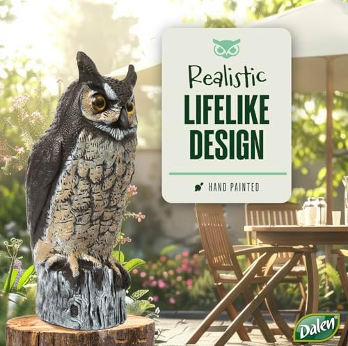 Dalen Large Fake Owl Decoy to Scare Birds Away - Garden Scarecrow Provides Natural Pest Control - 16" Tall - Great Horned Owl