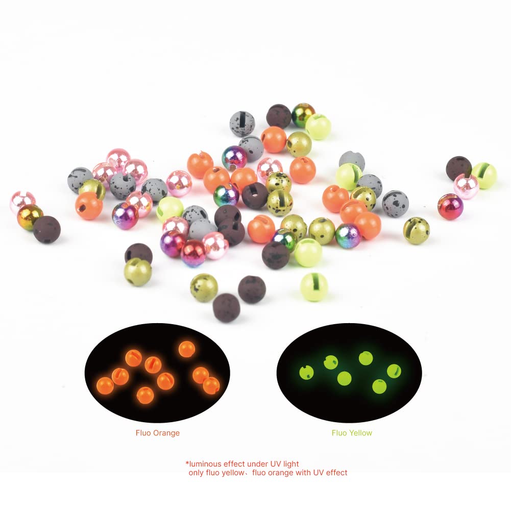 MUUNN 50pcs Tungsten Slotted Beads for Fly Tying,12 Colors/13 Sizes Tungsten Beads Heads Slotted Fly Tying Materials(Metallic Pink,2.5mm