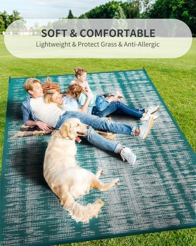 MontVoo Outdoor Rug Waterproof 5x8 ft Outdoor Carpet Patio Rug Mat Reversible RV Camping Rug Plastic Straw Outside Rug for Balcony Porch Deck Picnic Beach Modern Teal