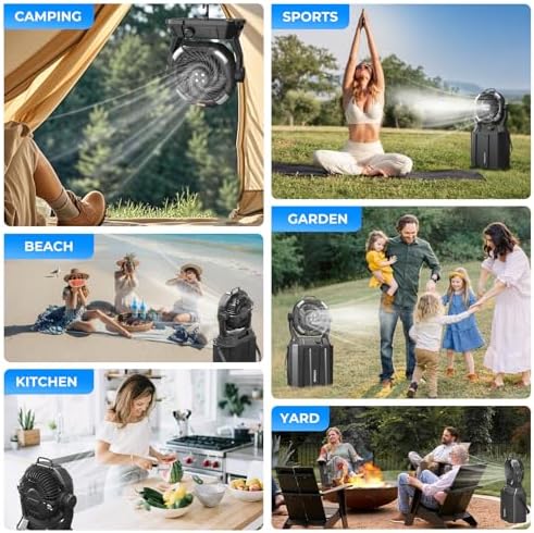 20000mAh Misting Fan with 6L Bucket & 4 Spray Misters, Waterproof Outdoor Cooling Fan for Camping/Patios - Remote Control, 4 LED Light, Stepless Speed & 56H Runtime, Rechargeable Battery, Hanging Hook