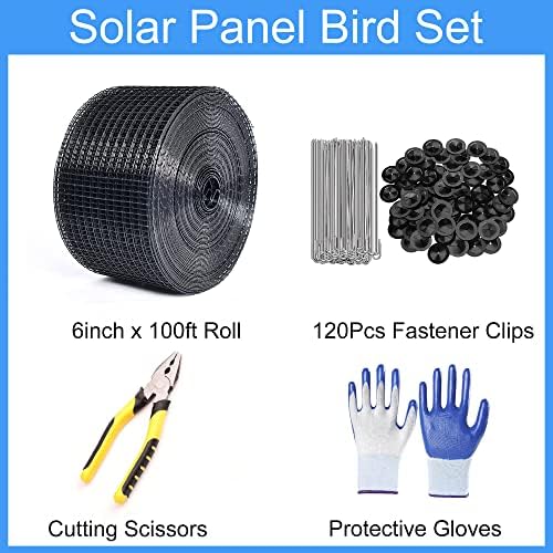 Solar Panel Guard, 6in X 100ft PVC Coated Critter Guard Roll Kit for Solar Panel Wire Screen, Black Pigeon Barrier Netting with 120 Fastener Clips, Cutting Scissor, Gloves