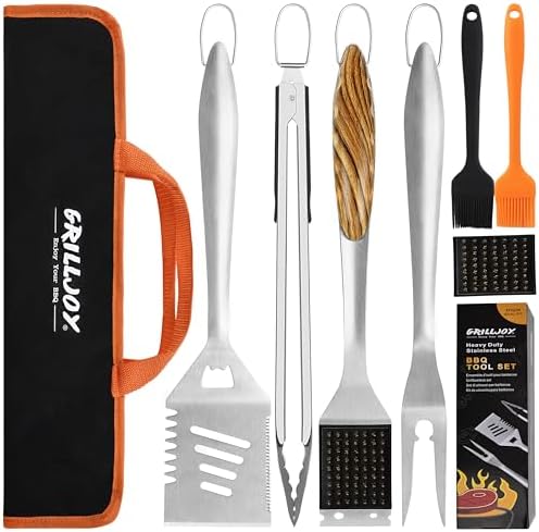 Grilljoy 8PCS Heavy Duty BBQ Grill Tools Set with Extra Thick Stainless Steel Spatula, Fork, Tongs & Cleaning Brush - Complete Barbecue Accessories Kit with Portable Bag - Perfect Grill Gifts for Men