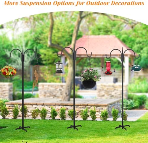 FEED GARDEN Adjustable Double Shepherds Hook for Outdoor with 5 Prong Base 76 Inch Heavy Duty Two Sided Bird Feeder Pole for Hanging Plant Baskets, Solar Light Lanterns, Wind Chimes 2 Pack
