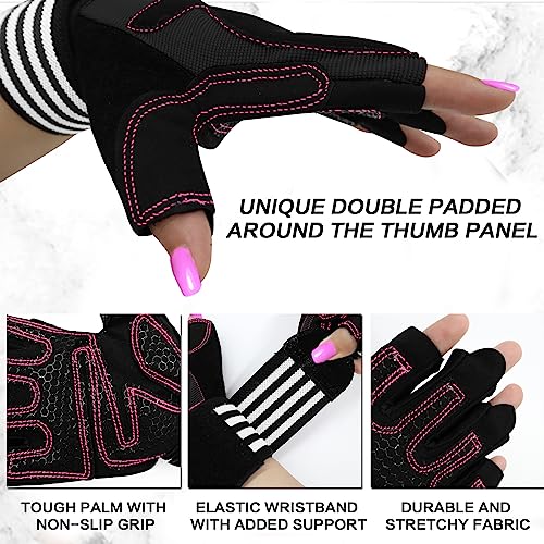 Weight Lifting Gloves for Women Gym Workout with Wrist Support,Padded Half Finger Gloves for Fitness Exercise (Black-Pink, X-Small)
