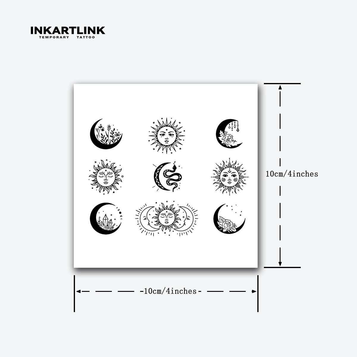 INKARTLINK Tattoo Tech, 2 Sheets Medium Semi Permanent Tattoo, Temporary Tattoos, Last 1-2 Weeks, Waterproof, Realistic Look, No Adhesive, No Reflection (Sun and Moon Design)