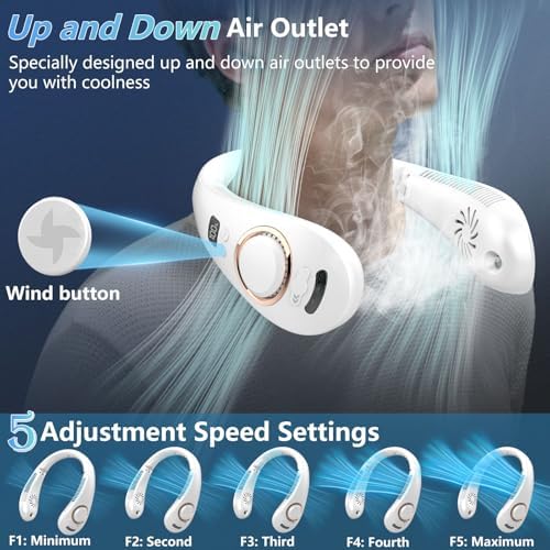 Neck Fan Rechargeable-Misting Neck Fans that Blow Cold Air,Folding Neck Cooling Fan with LED Display&5 Fan Speeds,Indoor Outdoor Hanging Bladeless Battery Powered Neck Cooler for Women Men Kids White
