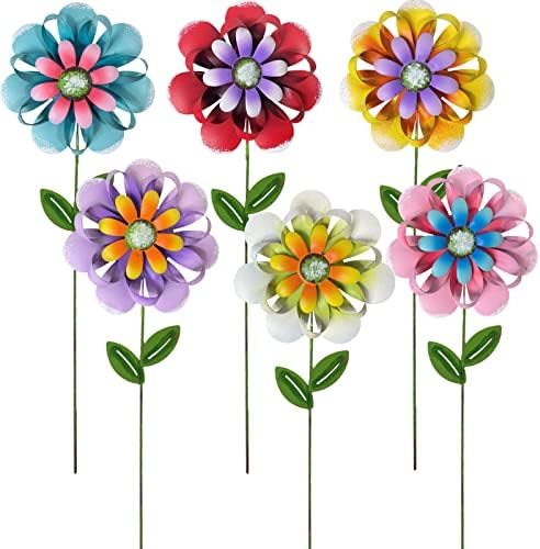 Metal Flower Garden Stakes, 6 Pc. Set, Large Colorful Decorative Landscape and Gardening Outdoor Decor, Lawn and Yard Ornament, Rust and Weather Resistant