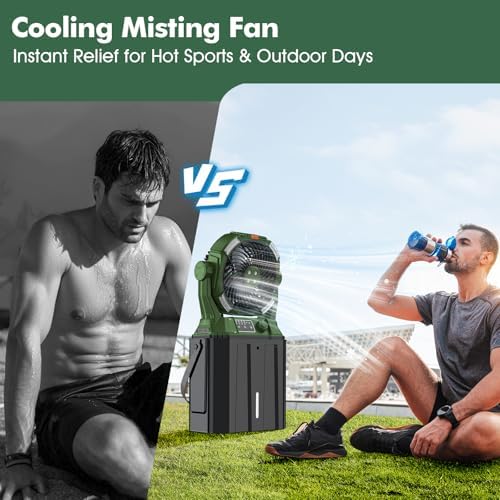 Misting Fan with Portable 6L Bucket for Outdoor Patios, 20000mAh Rechargeable Mister Fan for Camping with LED Light, 4 Spray Mister, Remote Controller Green