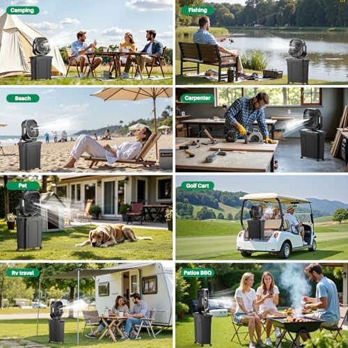 Ausic 12-inch 20L Bucket Misting Fan Portable, 30000mAh Outdoor Fans for Patios/Camping/Beach/Golf etc., Rechargeable Battery Powered Water Cooling Fan with LED Light, Timer, Caster, Oscillating