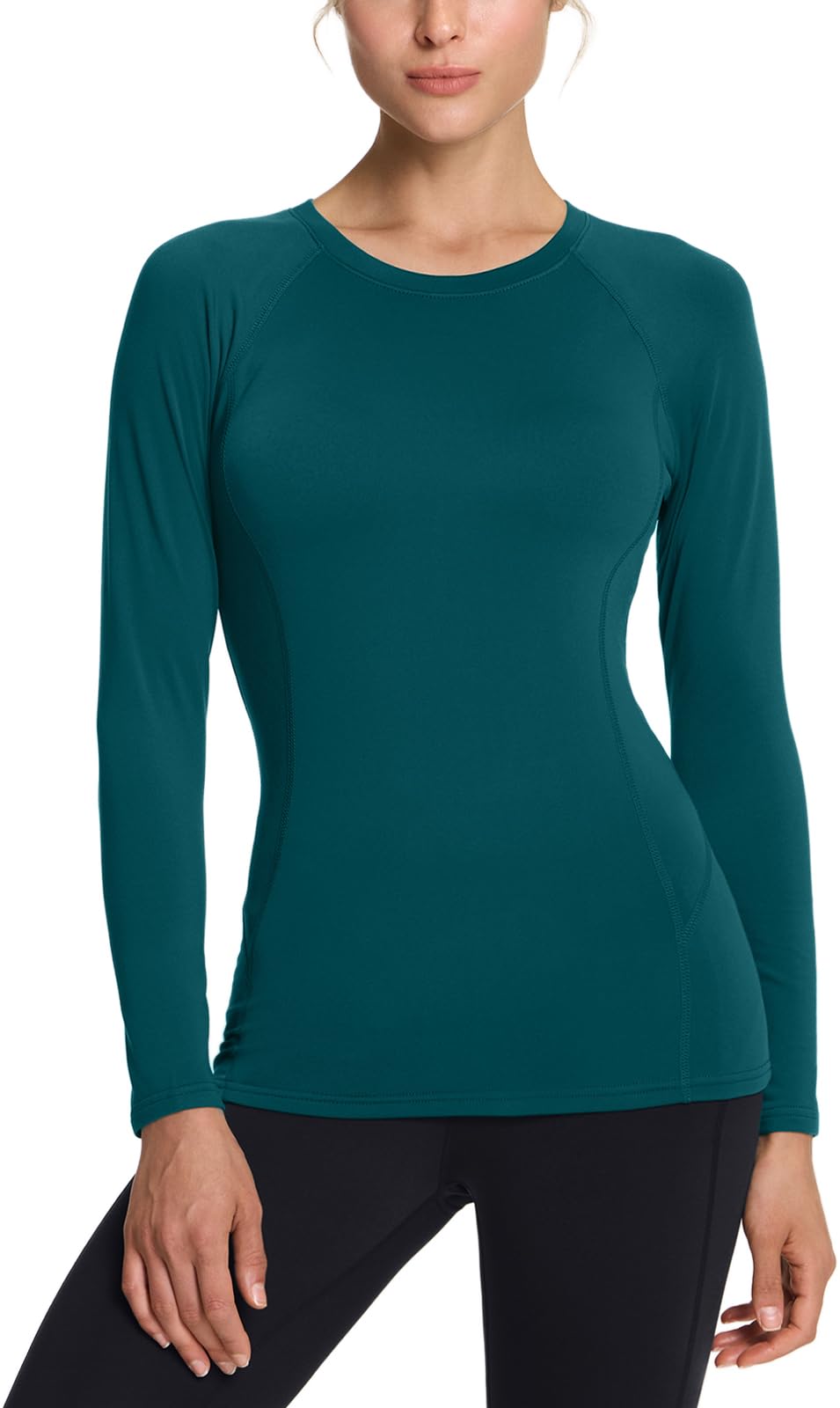 TSLA Women's Thermal Long Sleeve Tops, Mock Turtle & Crew Neck Shirts, Fleece Lined Compression Base Layer, Round Neck Winter 2pack Black/Teal, X-Small