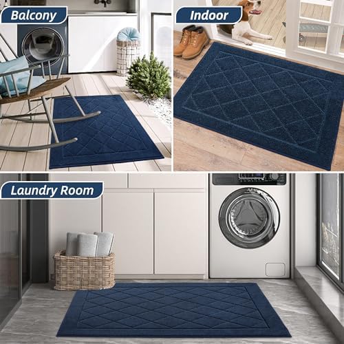 BEQHAUSE Dirt Trapper Door Mat 20" x 32", Doormat Non-Slip Entryway Rugs Washable, Dog Door Mat Stain Resistant and Absorbent Welcome Floor Mat for Front Back Door, Muddy Wet Shoes & Paws, Navy Blue
